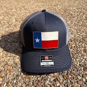 Texas Flag | Trucker Hat with Leather Patch | Red, White & Blue | Laser-engraved | Hand-painted