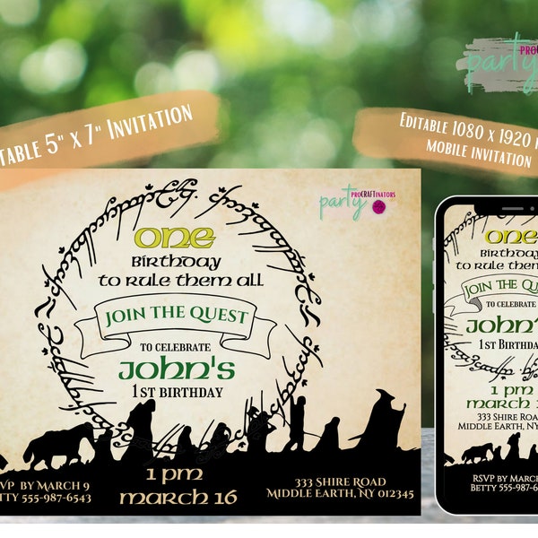 EDITABLE Lord of the Rings Invitation, LOTR, Hobbit, Invite, Digital, Mobile, Printable, DIY