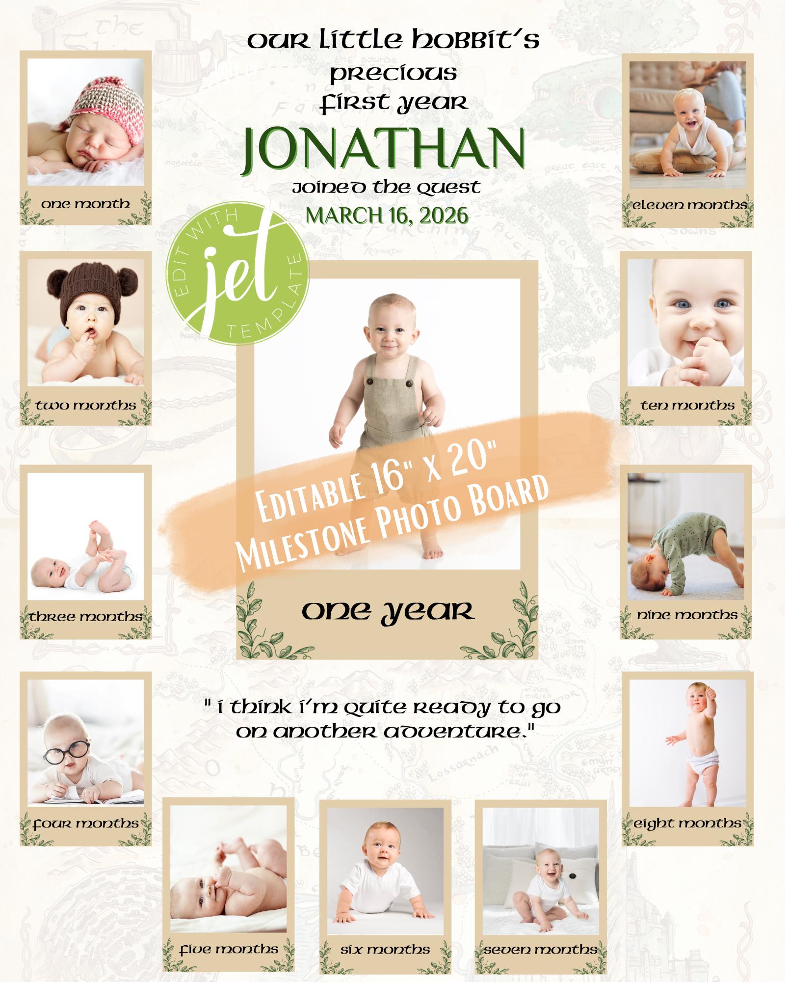 Fantasy Fototafel, erster Geburtstag, Hobbitish, bearbeitbar, bedruckbar, digitaler Download, Meilenstein, Baby