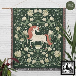 Unicorn Forest Woven Blanket - Light Academia Cottagecore William Morris Inspired Tapestry, Fringed Throw Blanket, Fall Winter Gift Decor