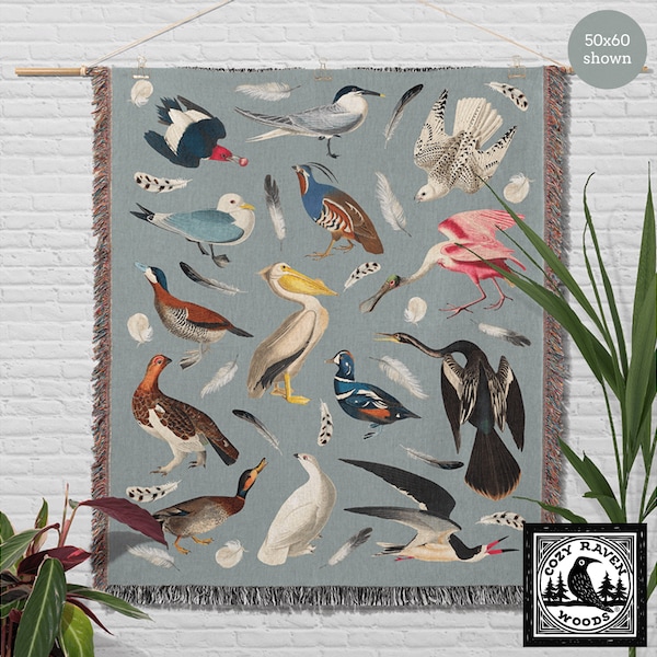 Ornithologist’s Compendium Woven Blanket - Bird Lover Academia Wingspan Gift, Comfy Fringed Couch Throw Blanket, Wall Decor Tapestry