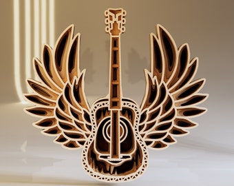 3D Guitar with Wings Multilayer SVG, Laser Cut File, Home Decor for Musician, Music Instruments SVG, digital files ai png eps dxf
