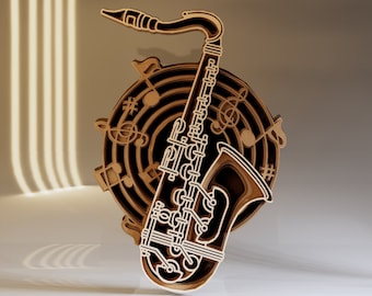 Saxophone 3D SVG Multilayered File, 5 layer Laser Cut File, Music Note Decor SVG, Instant Download File Svg, Dwg, Ai, Eps, Cdr, Dxf