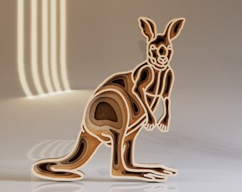 Canguro 3D multicapa SVG, archivo cortado con láser, arte digital de canguro, regalo para artesanos, archivo de descarga digital SVG, DWG, AI, EPS, CDR, DXF