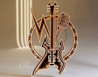 Rock Guitar 3D Layered SVG Laser Cut File, Music Craft Gift, Guitar SVG, Digital Download files ai png eps dxf