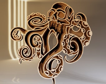 Kraken Skull 3D Layered SVG File, Laser Cut File, Kraken SVG, Digital Download File Svg, Dwg, Ai, Eps, Cdr, Dxf