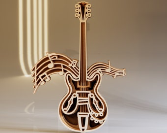 Guitar 3D SVG Multilayered File, Laser Cut File, Music Note SVG, Instant Download File Svg, Dwg, Ai, Eps, Cdr, Dxf