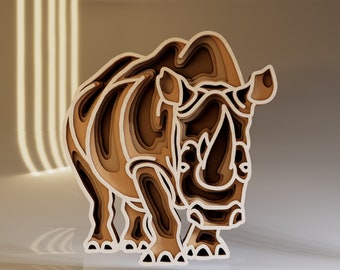 Rhinoceros SVG Layered 3D File, Laser Cut Files, Home Decor for Nursery, Instant Download File Svg, Dwg, Ai, Eps, Cdr, Dxf