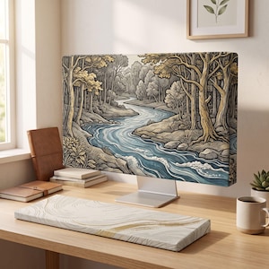 Op de afbeelding: Een computermonitor met een schermhoes voorzien van een gedetailleerde illustratie van een kronkelende rivier door een bos in beige, bruine en blauwe tinten. De monitor staat op een bureau met een bijpassende polssteun voor het toetsenbord.