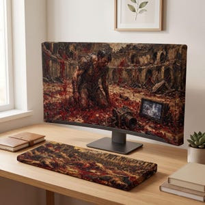 Könnte beinhalten: Ein Computermonitor und eine passende rechteckige Schreibtischunterlage mit einer düsteren, malerischen Szene einer knienden Figur auf einem blutroten Schlachtfeld. Der Monitor zeigt das Bild, während die Unterlage das Motiv fortsetzt.