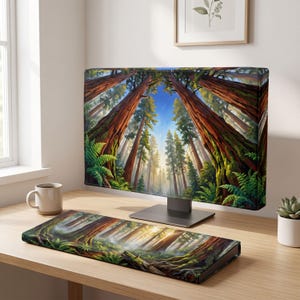 Redwood Cathedral PC Monitor Cover - Giant Sequoia Arch Art - Emerald Forest Keyboard Sleeve