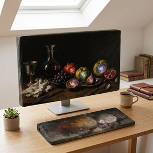 Puede incluir: Un monitor de computadora y una alfombrilla de escritorio rectangular con una pintura de bodegón oscuro que muestra un decantador de vidrio, una copa de plata, uvas y frutas con centros en espiral brillantes sobre un escritorio de madera.