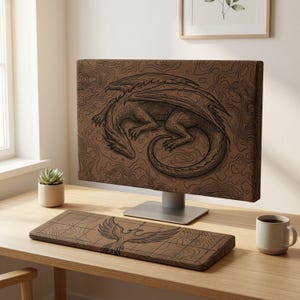 Peut inclure: Une housse d'écran d'ordinateur et un tapis de clavier assorti, tous deux dotés d'un fond marron avec des dessins au trait noirs. La housse d'écran affiche un dragon enroulé, tandis que le tapis de clavier présente un oiseau en vol.