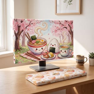 May include: A computer monitor and a matching keyboard wrist rest featuring a whimsical illustration of a picnic with a smiling ramen bowl, an onigiri, and a steaming mug under cherry blossom trees, set against a light pink and white background.