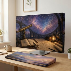 May include: A computer monitor displaying an image of a telescope, an open book, a compass, and a lantern in a room with a view of a starry night sky, paired with a matching keyboard wrist rest featuring a purple and gold abstract landscape design.