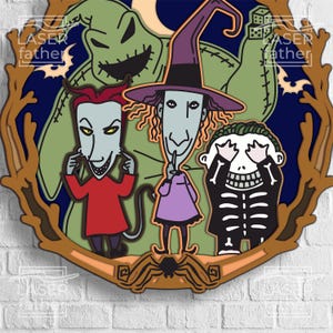 May include: A colourful illustration of characters from the film The Nightmare Before Christmas. The characters include Jack Skellington, Sally, and Oogie Boogie. The illustration is set against a dark blue background with a brown frame.