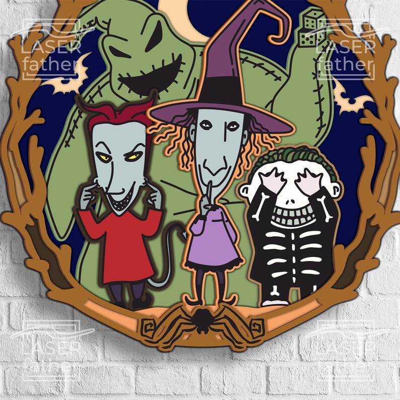 May include: A colourful illustration of characters from the film The Nightmare Before Christmas. The characters include Jack Skellington, Sally, and Oogie Boogie. The illustration is set against a dark blue background with a brown frame.