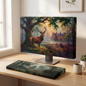 Op de afbeelding: Een computermonitor en een rechthoekige bureaumat met een bedrukte bosscène met een groot hert bij een boom en een stenen gebouw op de achtergrond. De monitor toont het hert, terwijl de mat een donker, mistig boslandschap weergeeft.