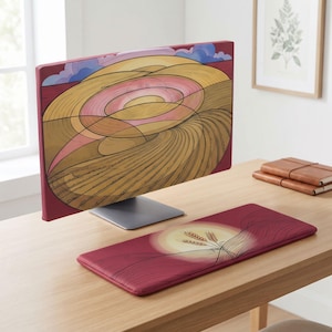 May include: A computer monitor cover and a matching rectangular keyboard wrist rest, both featuring a stylized graphic of golden wheat fields under a circular sun, rendered in shades of deep red, yellow, and brown with fine black line work.