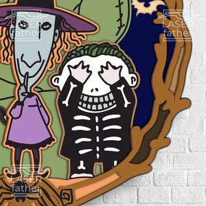 May include: A Halloween-themed illustration featuring two characters. The first character is a witch with a purple dress and a pointed hat. The second character is a skeleton with green hair and a wide smile. The characters are standing on a branch with a background of a dark blue sky and a crescent moon.