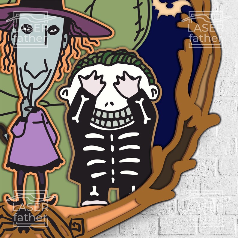 May include: A Halloween-themed illustration featuring two characters. The first character is a witch with a purple dress and a pointed hat. The second character is a skeleton with green hair and a wide smile. The characters are standing on a branch with a background of a dark blue sky and a crescent moon.