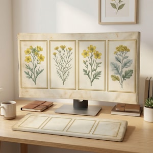 Puede incluir: Una funda para monitor de ordenador y un reposamuñecas para teclado a juego con fondo color crema y textura de pergamino vintage. Ambos artículos muestran cuatro paneles rectangulares con bordes dorados, cada uno con ilustraciones botánicas de flores amarillas.