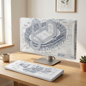 Navy Blue Blueprint Stadium PC Monitor Cover - Architectural Technical Computer Dust Cover - Mechanical Airship Screen Protector