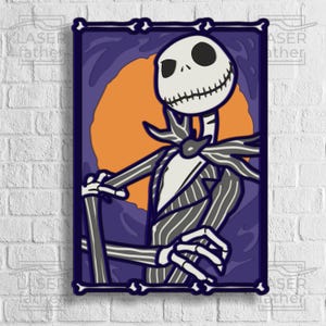 May include: A black and white illustration of Jack Skellington, the Pumpkin King from The Nightmare Before Christmas, standing in front of a large orange moon. He is wearing his signature pinstripe suit and has a mischievous grin on his face.