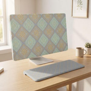 Preppy Mint Desktop PC Cover Wallpaper Diamond Lattice Paisley Pattern Decor