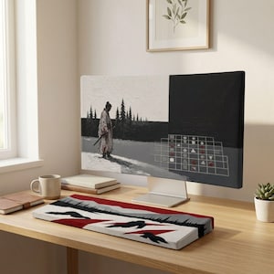 Pode incluir: Um monitor de computador exibindo uma arte digital de uma figura de manto em uma floresta nevada ao lado de uma grade de formas geométricas, acompanhado por um tapete de mesa retangular com um design de paisagem em vermelho, branco e preto.
