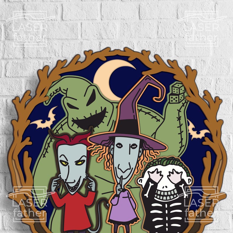 May include: A colourful illustration of characters from the Nightmare Before Christmas film. The characters include Jack Skellington, Sally, and Oogie Boogie. The illustration is set against a dark blue background with a crescent moon.