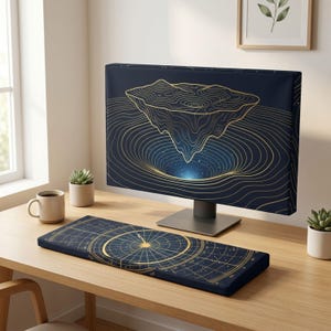 Op de afbeelding: Een donkerblauwe computermonitorhoes en bijpassende toetsenbordpolssteun met gouden lijntekeningen. De monitorhoes toont een zwevend eiland boven een vortex, terwijl de polssteun een cirkelvormige hemelse navigatiekaart met gouden lijnen bevat.