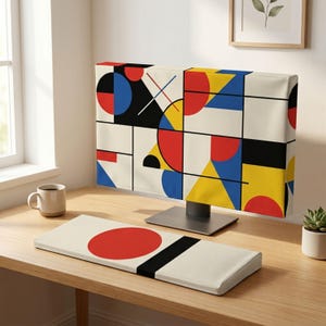 May include: A computer monitor cover and a matching keyboard wrist rest featuring a geometric pattern of red, blue, and yellow circles, triangles, and rectangles on a cream background with black grid lines, displayed on a wooden desk.