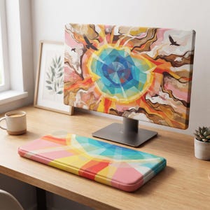 Könnte beinhalten: Ein Computermonitor und eine passende Tastatur-Handballenauflage mit einem lebendigen, geometrischen, mehrfarbigen abstrakten Design. Das Muster zeigt einen zentralen blauen facettierten Kreis, umgeben von gelben, orangen, rosa und braunen Strahlen.