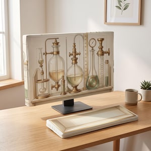 May include: A computer monitor cover featuring a detailed illustration of vintage laboratory glassware, including various glass flasks, beakers, and a graduated cylinder with brass-coloured fittings, set against a cream-coloured background.