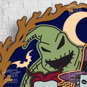 May include: A green, stitched, cartoon monster with a wide, toothy grin. The monster is surrounded by a dark blue background with a crescent moon and a brown branch. The image is a digital illustration.