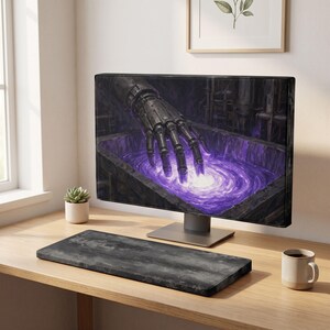 May include: A computer monitor displaying a digital illustration of a metallic robotic hand reaching into a glowing purple liquid pool. The monitor sits on a wooden desk alongside a dark grey rectangular desk mat, a small potted succulent, and a ceramic mug.
