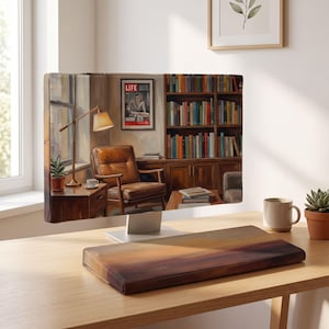 May include: A computer monitor displaying a digital painting of a cozy study with a brown leather armchair, a wooden bookshelf filled with colorful books, a desk lamp, a small potted plant, and a framed LIFE magazine cover on the wall.