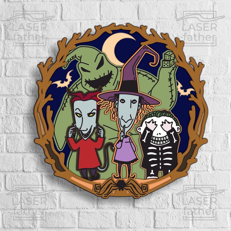 May include: A colourful enamel pin featuring characters from The Nightmare Before Christmas. The pin depicts Jack Skellington, Sally, Oogie Boogie, and Lock, Shock, and Barrel. The characters are surrounded by a brown wreath with a crescent moon and stars.