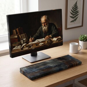 Puede incluir: Un monitor de ordenador muestra una pintura de una persona mayor con barba escribiendo en un escritorio con libros y tinteros. Frente al monitor hay un reposamuñecas rectangular con un patrón abstracto azul y marrón sobre un escritorio de madera.