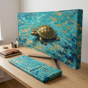 Op de afbeelding: Een computermonitor en toetsenbordset met een textuurrijk schilderij in impasto-stijl van een bronskleurige schildpad die zwemt in turquoise water met gouden accenten, waarbij het kunstwerk het gehele oppervlak van de apparaten bedekt.
