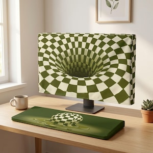 May include: A computer monitor cover and a matching rectangular desk mat, both featuring a dark olive green and cream checkerboard pattern. The monitor cover displays a 3D vortex design, while the desk mat shows a melting checkerboard sphere.