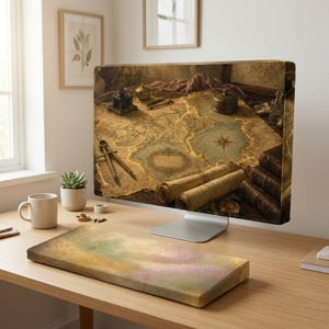 Könnte beinhalten: Ein Computermonitor mit einer antiken Karte, einem Zirkel, einem Tintenfass und zusammengerollten Schriftrollen, dazu eine passende rechteckige Schreibtischunterlage mit einem weichen Aquarellverlauf in Gold-, Grün- und Violetttönen auf einem Holztisch.