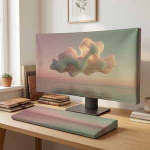 Carcasa para monitor de PC con diseño de nube biomórfica - Configuración horizontal en tonos pastel fluidos - Funda para teclado color verde salvia atardecer