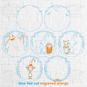 May include: Six blue circular frames with orange line art of characters from The Nightmare Before Christmas. The frames are on a white brick background. The text "blue line cut engraved orange" is at the bottom of the image.