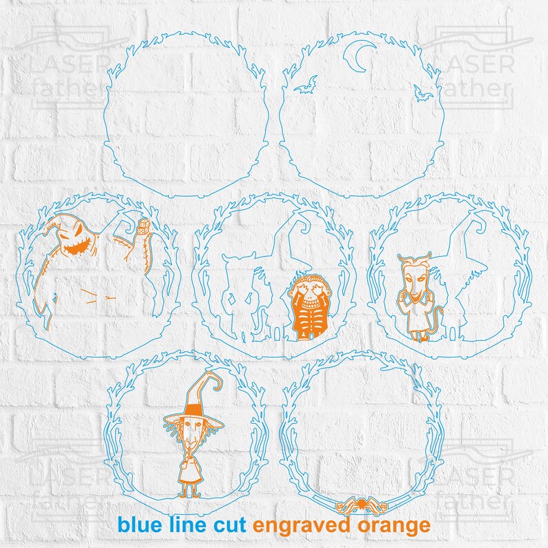 May include: Six blue circular frames with orange line art of characters from The Nightmare Before Christmas. The frames are on a white brick background. The text "blue line cut engraved orange" is at the bottom of the image.