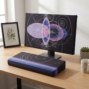 Könnte beinhalten: Eine schwarze Computermonitor-Abdeckung und eine passende rechteckige Handgelenkauflage, beide mit einem grafischen Design aus weißen, rosa und blauen wirbelnden Orbitallinien und elliptischen Formen auf dunklem Hintergrund als Set.