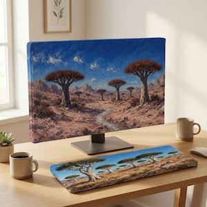 Könnte beinhalten: Ein Computermonitor und eine rechteckige Tastatur-Handballenauflage, beide mit einem passenden Landschaftsdruck von Drachenblutbäumen in einer felsigen Wüste unter blauem Himmel. Das Set enthält zwei Keramiktassen auf einem Holztisch.