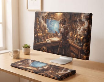 Puede incluir: Un monitor de computadora y una alfombrilla de escritorio rectangular a juego con una ilustración detallada de una persona en un taller lleno de engranajes de latón, maquinaria humeante y un plano azul brillante sobre un escritorio de madera.