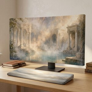 May include: A computer monitor displaying an image of ancient stone ruins with columns and arches surrounding a calm pool of water, set on a wooden desk with a matching keyboard wrist rest and a stack of two leather-bound notebooks nearby.